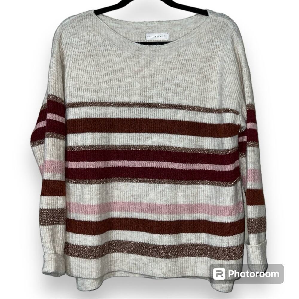 Retrelogy size medium women’s pullover hi low knit striped sweater gold accents